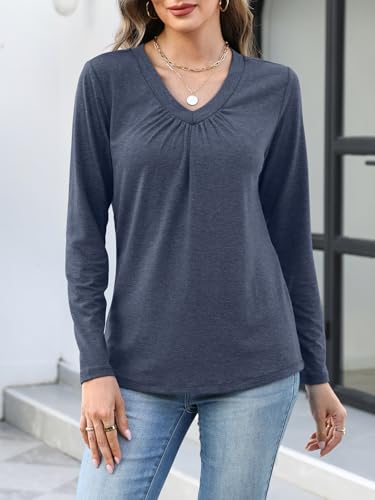 Womens Long Sleeve T Shirts V Neck Ruched Tops Loose Fit Pleated Tee Dressy Casual Tunic Blouses Fall Clothes2