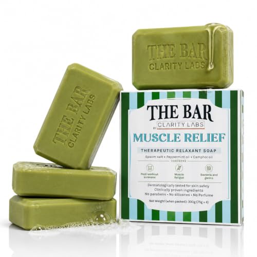 Image of Clarity Labs | MUSCLE RELIEF SOAP | (Pack of 4) | THERAPEUTIC & RELAXING | Epsom Salt | Magnesium chloride | Peppermint Oil | Camphor Oil | Anti Bacterial | Anti Odor | Reduces Post Workout Soreness & Stiffness