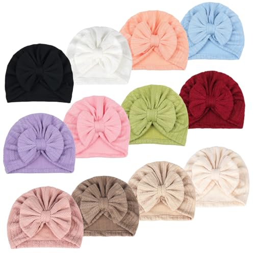Image of QandSweet 12 Pack Baby Girls' Hats Linen Cotton Cap Infant Big Bow Hat Newborn Shower 0-24 Months