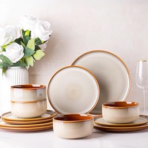 Ceramic Dinnerware Sets,12-Piece Plates and Bowls,Handmade Reactive Glaze Dishes Set,Chip Resistant and Scratch Resistant | Oven Dishwasher & Microwave Safe,Service for 4-Kahki