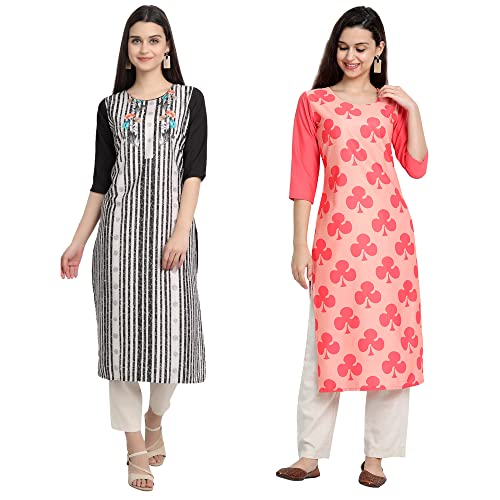Image of 1 Stop Fashion Women's Crape Multicolor Digital Print Straight Kurtas /Kurtis (Pack of 2)