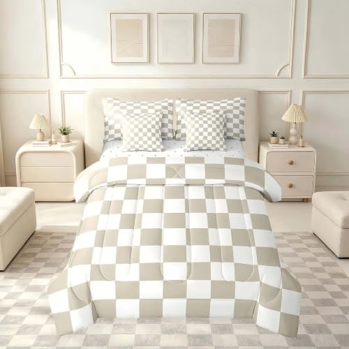 Image of Feelyou Checkered 7 Piece Bedding Set Teen Women Men Beige Plaid Comforter Set with Sheets Queen Size Kids Boys Cute Retro Neutral Checkerboard Geometric Bed in a Bag Vintage Aesthetic Room Decor