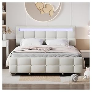 WOYORO Upholstered Platform Bed with LED Frame and 4 Drawers, Linen Fabric (Couleur : Bianco, Size : Full)