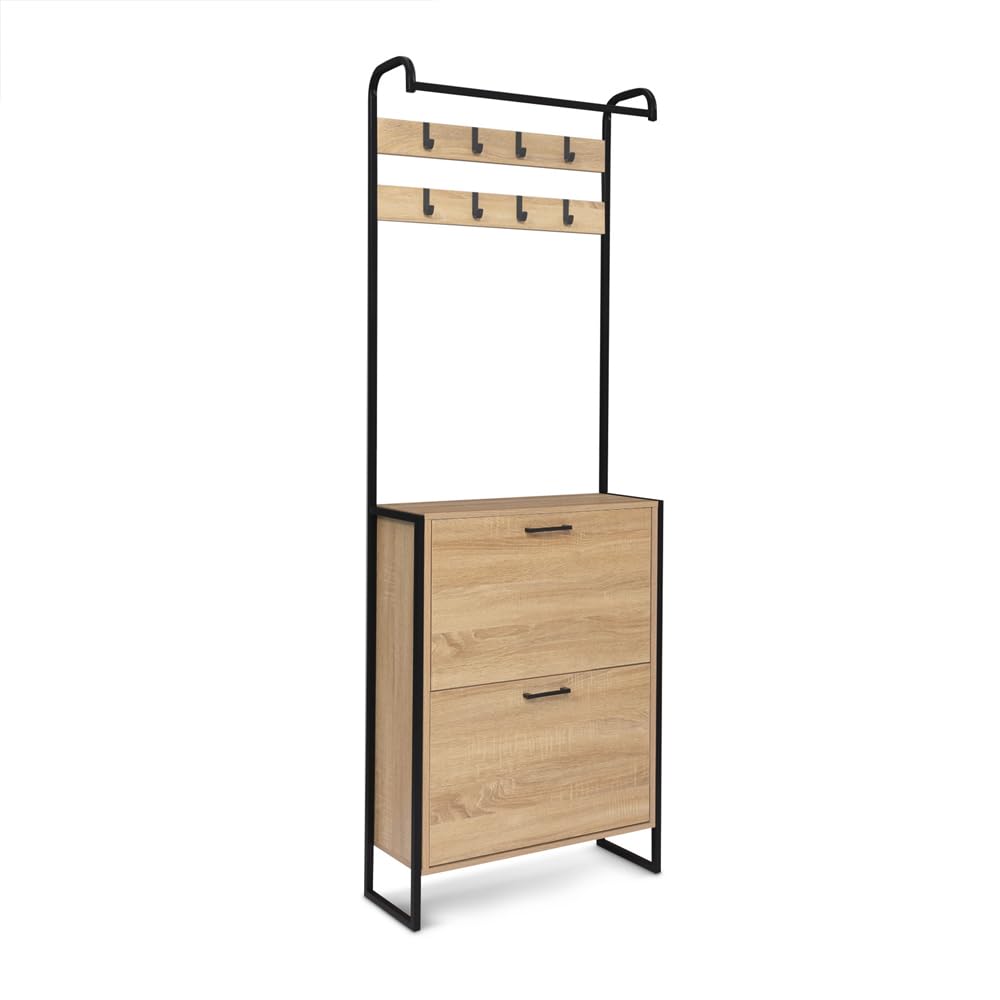 FACILITYS - Zapatero con 2 puertas para 12 pares con perchero de metal y efecto madera - 180 x 63,5 x 23,5 cm - Zapatero Entrada Recibidor - Burro Ropa - Barra de Colgar - Estilo Vintage