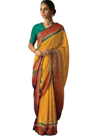 THATH BANARAS Women Paithani And Brasso Silk Printed Saree with Designer Blouse Piece(Color:-Mustard Yellow & Red)