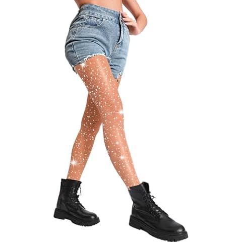 DancMolly Ultra Durable Sparkly Fishnet Stockings High Waist Sparkle Rhinestone Tights Party Concert Outfit for Women 1 Pair (Nude - Small Hole, 2XL-4XL) Cover
