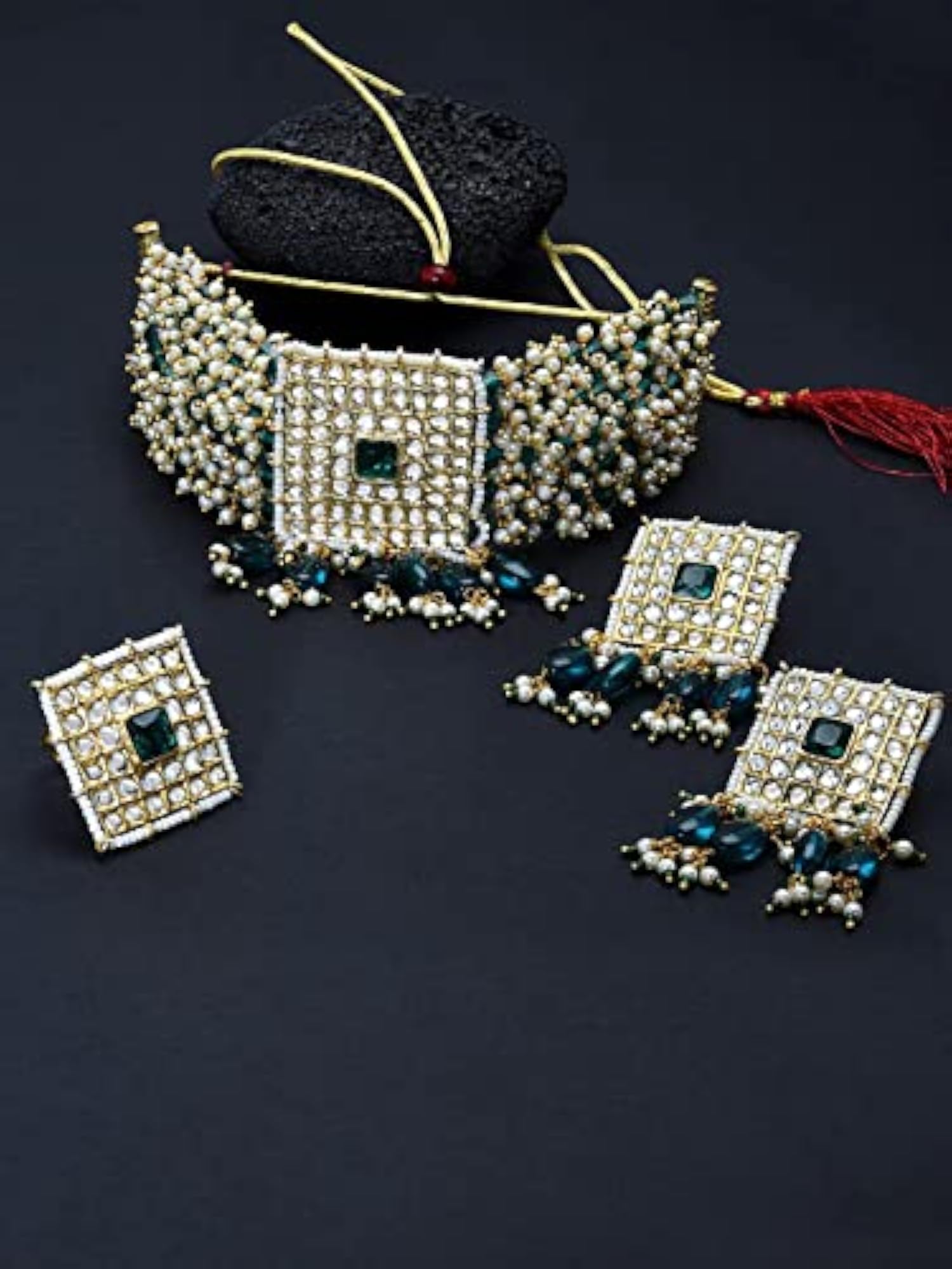 Women's Kundan Choker Necklace Earring & Ring Set
