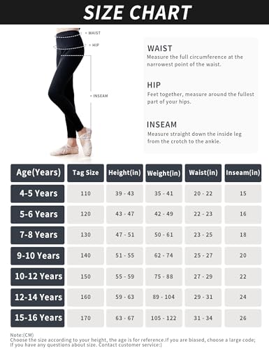 Calça legging feminina preta atlética de dança infantil para treino de balé, Preto, 15-16 Anos