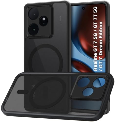 Image of TheGiftKart Hybrid Shockproof Back Cover Case for Realme GT 7 5G / GT 7T 5G / GT 7 Dream Edition Compatible with MagSafe | Hard Back Cover Case (PC & TPU, Translucent Smoke Matte Back, Black Sides)