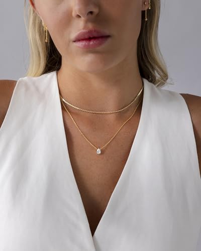 PAVOI 14K Gold Plated Twisted Singapore Chain Layering Choker with Round Solitaire and Serpentine Chain Layering Choker with Pear-Cut Stone Pendant Necklace Pack for Women | Cubic Zirconia Statement Layered Necklace Set3
