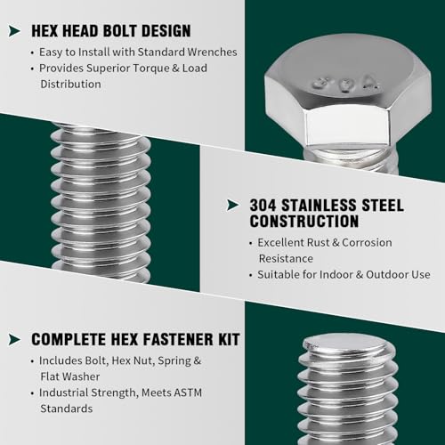 Image of (5 Sets) 1 /2-13 x 1 Hex Bolt and Nut Kit, 304 Stainless Steel (18-8), Fully Threaded, Flat & Lock Washers Included