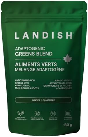 Landish Adaptogenic Greens Powder - Canadian-Grown Organic Greens, Spirulina, Functional Roots & Mushrooms - Vegan, Gluten & Caffeine-Free - Made in Canada - 180 g