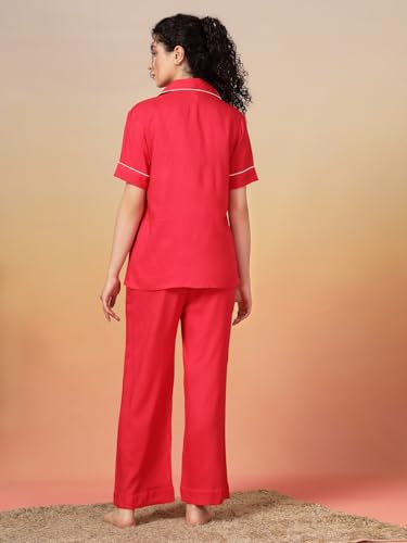 Image of Night Suit for Women's| Solid Night Dress| Half Sleeves Shirt and Pajama Set