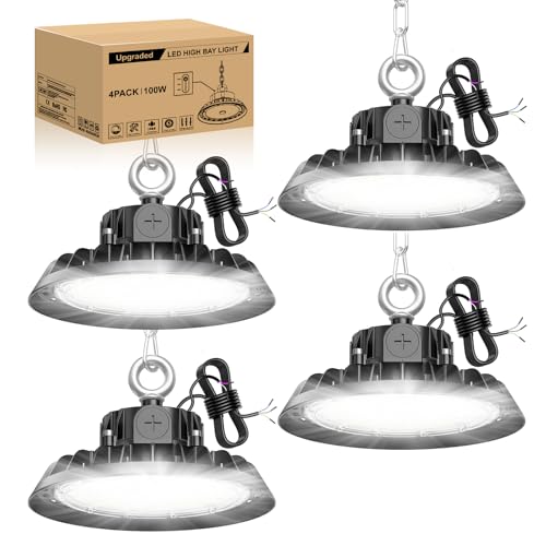 RUISUN UFO 4 Stück LED Hallenstrahler 100W Treiber Dimmbare 170lm/W UFO High Bay Lampe LED 6000K Werkstattlampe 60W/80W/100W Superhelle Werkstatt IP65 Deckenleuchte 5 Jahre Garantie