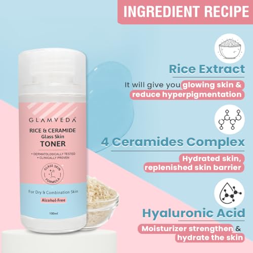 Image of Glamveda Korean Rice & Ceramide Face Toner | Rice Water Toner For Dry & Combination Skin | Pore Tightening & Glowing Skin | Fades Blemishes, Brightens & Smoothens | Women & Men | 100ml
