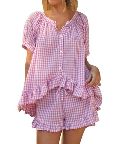 Image of codcm Womens 2 Piece Ruffle Pajama Set Gingham Pjs Short Sleeve Babydoll Shirt and Shorts Plaid Summer Outfits
