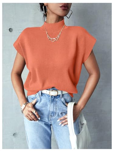 Image of OYOANGLE Women's Mock Neck Cap Sleeve Ribbed Knit Sweater Top Pullover Casual Office Shirts Orange X-Small