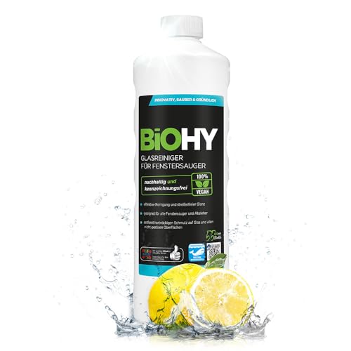 BiOHY Glasreiniger für Fenstersauger (1l Flasche) | Fensterreiniger Konzentrat für alle Fenstersauger | Bio Reinigungsmittel sorgt für streifenfreien Glanz | Glasreiniger | Fensterputzmittel