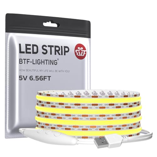 Image of BTF-LIGHTING 5V USB COB LED Strip Lights Super Bright Dimmable LED Tape Light,Warm White 3000K 6.56FT Flexible Light Strip with Strong 3M Tape for 3D Printer,TV Backlight,Cabinet,Home Lighting