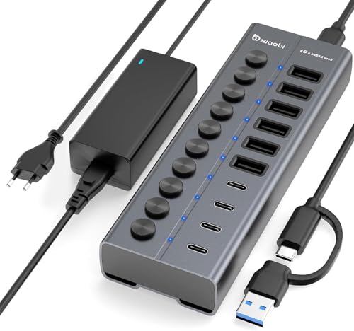 Xiaobi 10 Port USB Hub mit Netzteil 60W - 10Gbps USB 3.2 Gen 2 Hub Aktiv aus Aluminium mit 6 USB-A & 4 USB-C Ports Individuelle EIN/Aus Schalter BC1.2 Schnelladung für MacBook PC Laptop