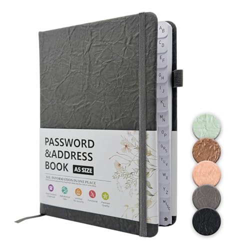 WWYSSZ Libreta de Contraseñas, Cuaderno de Contraseñas de Tapa Dura, Libreta Alfabética para Organizador Logbook de tapa dura, Para Registro de la Información De Acceso a Internet, 13 X 19 cm, Gris
