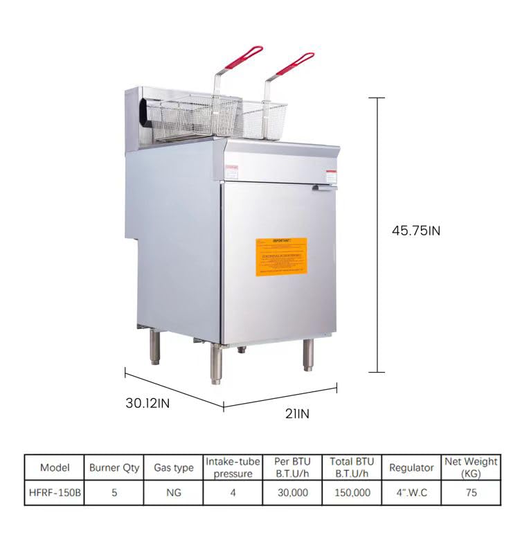 EASYROSE Gas Deep Fryer Commercial Deep Fryer with 2 Baskets 75 lb. Capacity 5-burner Natural Gas Floor Fryer, 150,000 BTU, ETL Listed