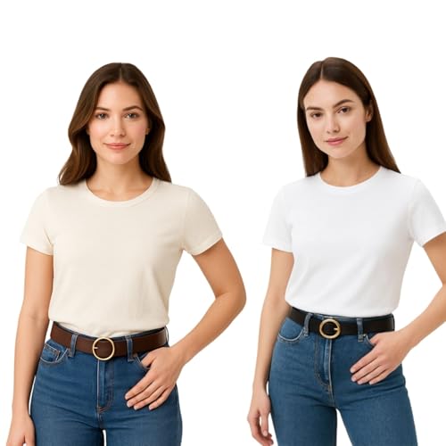 Image of Women's Vegan Leather Belt with Round Metal Buckle | 120 CM Length, 2.5 CM Width | Lightweight, Matte Finish Casual & Formal Belt