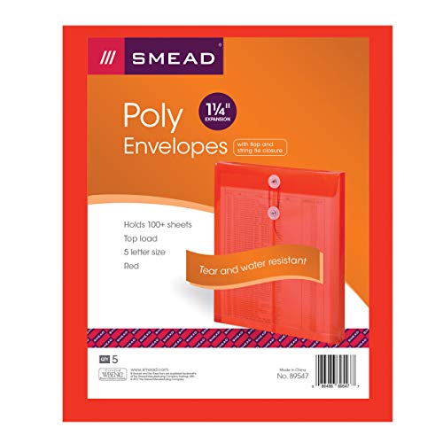 Smead Poly Envelope, 1-1/4" Expansion, String-Tie Closure, Top Load, Letter Size, Red, 5 Per Pack (89547) #TOP4