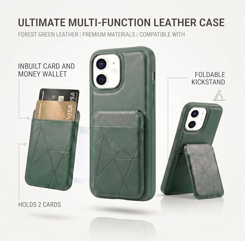 Image of amazon basics Premium Vegan Leather Back Cover with Card Holder and Integrated Mobile Stand for iPhone 12 - Slim Shockproof Wallet Case with Geometric Stitching [Green]