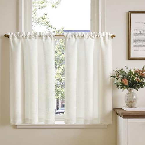 TOPICK Rideaux Cuisine Court Brise Bise,Texturé Beige 65L x 90H(cm) 2 Panneaux à Passe Tringle Petit Rideau, pour Fenêtre Placard Meuble Bas Chambre Cache...