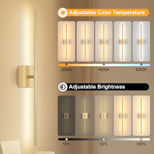 Image of Battery Operated Wall Sconce, 3000K-6000K Dimmable Gold Wall Lights with Remote Control, Timable LED Wireless Wall Sconces, 350 Ratate for Bathroom, Living Room, Hallway 29.1 Inch 1 Pack