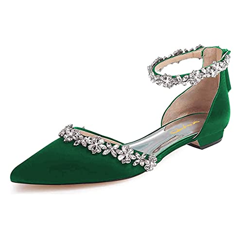 Image of XYD Women Classic Pointed Toe D'Orsay Wedding Flat Sandals Sparkly Rhinestones Ankle Strap Low Heel Dress Shoes with Zipper