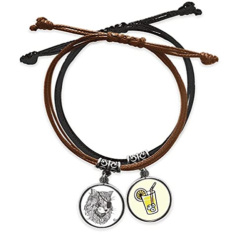Chaîne bracelet cuir et corde tressée main motif chat peint à l'œil