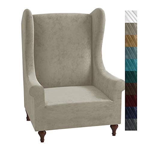 XINEAGE 1 Piece Velvet Wingback Chair Slipcover Stretch Wing Chair Cover Non Slip Furniture Protector with Foam Rods for Living Room (Wingback Chair, Khaki)