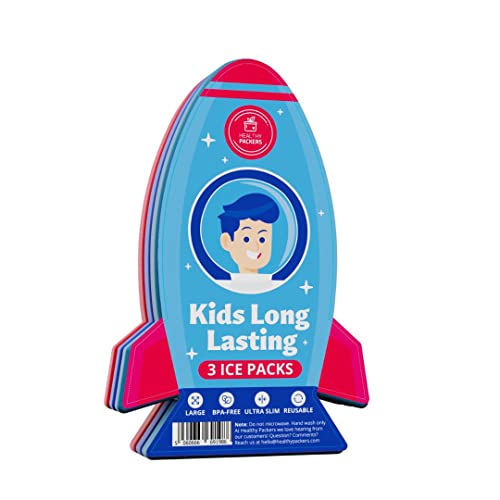 Healthy Packers 再利用可能 長持ち 子供用 - スリムアイスパック ランチボックス/ランチバッグ/クーラー用 - ランチボックス用冷凍庫パック - マルチカラー3パック (宇宙船)