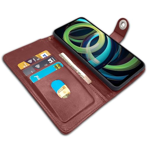 Image of Pikkme Flip Cover Leather Finish | Inside TPU with Card Pockets | Wallet Stand and Shock Proof | Complete Protection Button Flip Case for Redmi A3 (2024) / Redmi A3x / Poco C61(Brown)