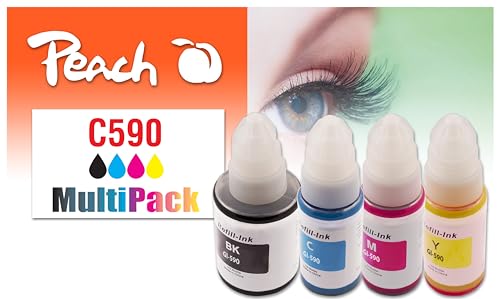 Peach Lot de Cartouches d'encre C490/590 (BK, C, M, Y) remplaçant Canon GI-590 pour Canon Pixma G 1500, Canon Pixma G 2500, Canon Pixma G 3500, Canon Pixma G 4500, Canon Pixma G 1510