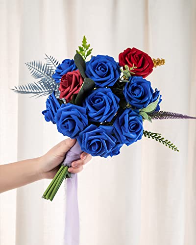 DuHouse 25Pcs Artificial Roses Flowers Fake Rose with Stems Real Touch Foam Flower Head for DIY Wedding Bridal Bouquet Baby Shower Centerpiece Floral Arrangement Party Home Decor(Royal Blue-A) - Image 4