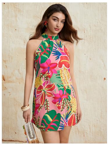 Image of Floerns Women's Sleeveless Floral Print Sundress Halter Neck A Line Short Dress