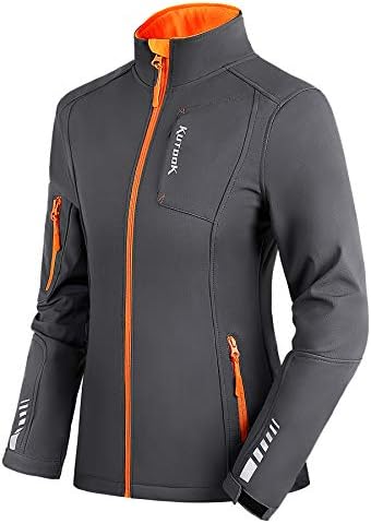 KUTOOK Hiking Jacket Women Running Cycling Jackets Softshell Windbreaker Thermal Fleece Lined Windproof Reflective Gray Large