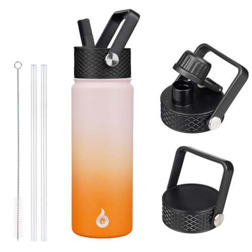 Image of BJPKPK Insulated Water Bottles with Straw Lid, 22oz Cold & Hot Thermo, Stainless Steel Metal Water Bottle with 3 Lids, Reusable Thermo, Cups, Mugs for Daily Use-Coral