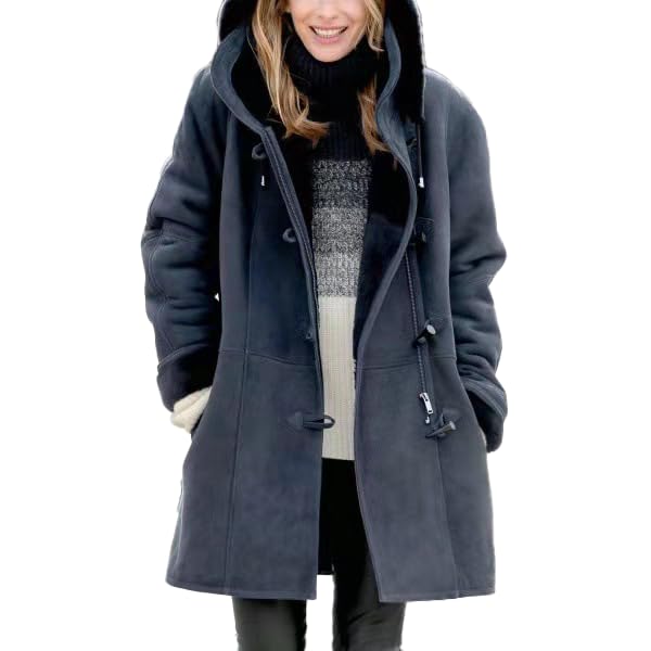 Akivide Women Winter Warm Sherpa Lined Jackets Plus Size Hooded Faux Suede Long Sleeve Horn Buckle Coats with Pocket