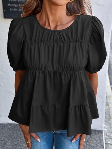Image of Tankaneo Womens Puff Sleeve Peplum Babydoll Tops Summer Flowy Pleated Cotton T-Shirts Casual Loose Fit Cute Blouse