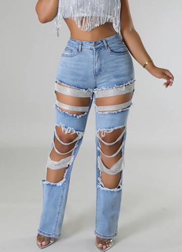 Womens High Waist Ripped Boyfriend Jeans Stretch Skinny Destroyed Rhinestones Pearls Straight Wide Leg Denim Pants2