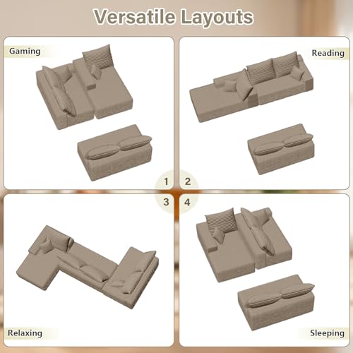 Image of 166.9 inch Cloud Sectional Couch with L-Shape Chaise, Modern Modular Comfy Sofa Chaise Longue, Upholstered Corduroy Couches Sleeper with Deep Seat for Living Room Bedroom, No Assembly Required, Camel