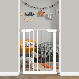 Fairy Baby Narrow Baby Gate for Stair, 22.8″-25.5″ Wide Pressure Mounted Pet Gate for Doorway, Easy Walk Thru Child Safety Gate, White