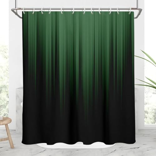 Image of AAtter Green and Black Shower Curtain, Modern Ombre, 60x72 Inch, 12 Hooks | Striped Polyester Fabric, Dark Abstract Trendy Style, Cool Anime Design, Gradient Bathroom Decor for Men