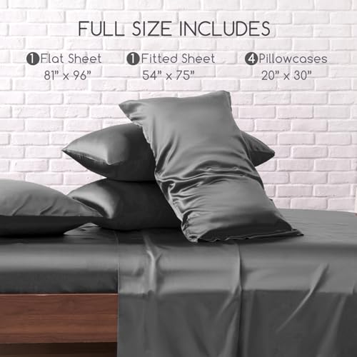 Image of MR&HM Satin Bed Sheets, Full Size Sheets Set, 6 Pcs Silky Bedding Set with 15 Inches Deep Pocket for Mattress (Full, Dark Grey)