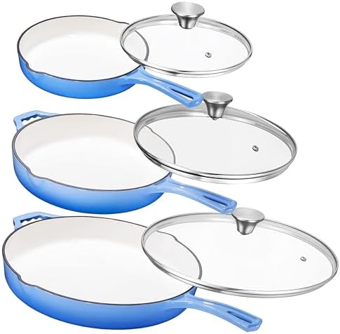 Bruntmor Pre-Seasoned Cast Iron Frying Pan Set - 8, 10, 12 Inch Blue Enamel Nonstick Skillets with Tempered Glass Lid - Oven Safe Egg and Grill Pan Set for Cooking, Searing, and Frying - Thumbnail 2