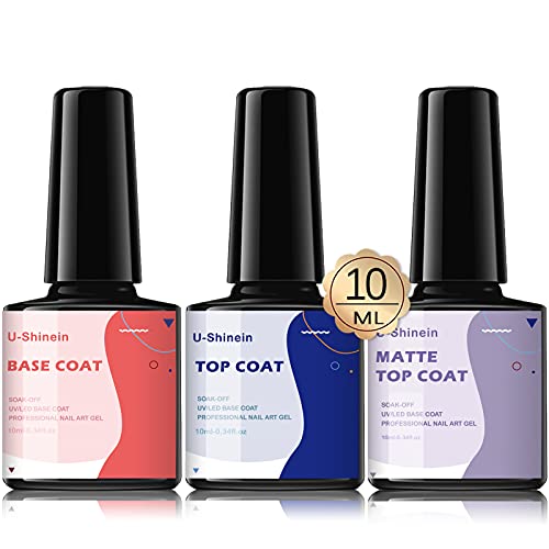 U-Shinein Base Coat and Top Coat Matte Glossy, Nail Polish Gel Top Coat No Wipe Top Coat Soak off Base Coat Matte Glossy Top Coat Gel UV/LED Gel DIY Nail Art Manicure 3x10ml
